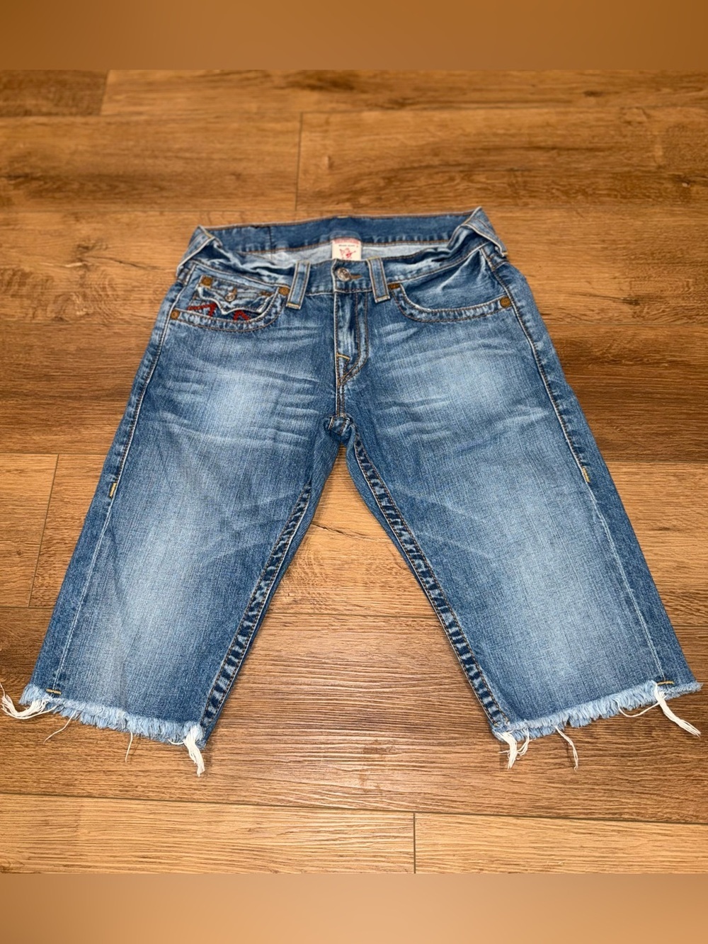 True Religion Denim Jean Shorts 30 Ricky Flap Frayed Hem Summer Casual Everyday